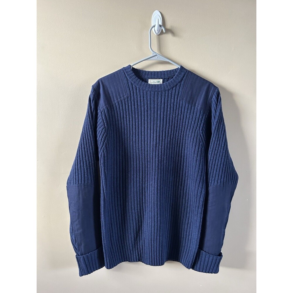 LL Bean Mens Commando Sweater Medium Navy Blue Crewneck 100% Merino Lambs Wool
